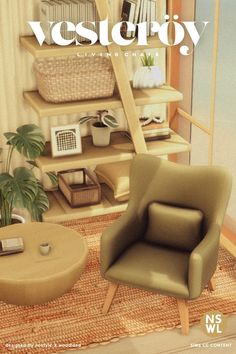 a chair and ottoman in front of a book shelf with books on it, next to a window