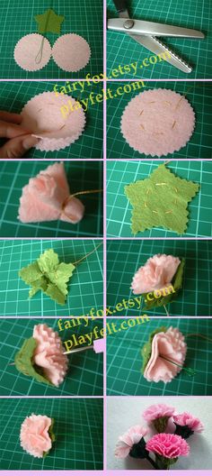 instructions to make felt flowers with leaves and petals on green cutting mat, including pink carnations