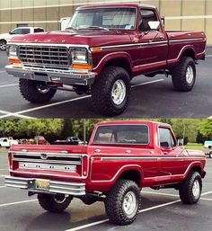 two pictures of a red truck in a parking lot