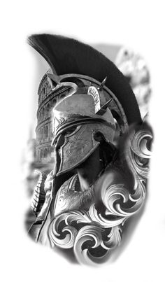 a black and white photo of a roman soldier's helmet with waves around it