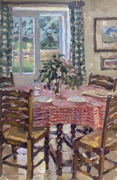 a painting of a table and chairs in front of a window with a potted plant