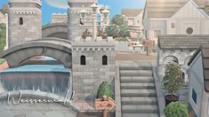 an image of a cartoon castle with stairs and water flowing out of the front door