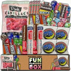 an assortment of candy and candies in a cardboard box with the words fun flavors on it