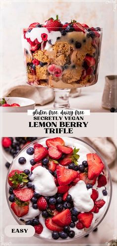 two different desserts with strawberries, blueberries and lemon on top are shown