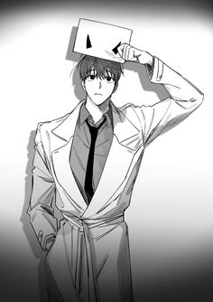 an anime character wearing a suit and tie with his hand on his head while looking at the camera