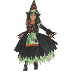 Whether shes headed to a costume party, a haunted house or going out to trick-or-treat, this polyester Witch Storybook Girls Costume makes an unforgettable way to let her enjoy the holiday. Includes dress with attached apron and matching hat. Care Instructions: Hand wash cold water with mild soap. Tumble dry low. For best results hang or lay flat to dry. Size: 3T-4T.  Color: Black.  Gender: female.  Age Group: toddler. Toddler Witch Costumes, Book Witch, Toddler Costumes Girl, Toddler Girl Halloween, Classic Halloween Costumes, A Halloween Costume, Diy Kostüm, Witch Dress, Black Halloween Dress