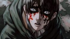 an anime character with blood on his face and eyes, wearing a hooded hoodie