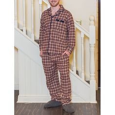 Season:Fall,Spring,Winter; Fabric:Cotton; Sleeve Length:Long Sleeve; Gender:Men's; Quantity:2 Pieces; Nightwear Style:Pajama Top and Pant,Pajama Set,Sleepwear,Loungewear; Style:Stylish,Casual,Comfort; Elasticity:Micro-elastic; Tops Type:Shirt; Occasion:Daily,Home; Function:Comfort; Pattern:Stripe,Plaid; Design:Drawstring,Elastic Waist; Neckline:Lapel; Bottom Type:Pant; Listing Date:09/06/2023; Hips:; Length [Bottom]:; Length [Top]:; Shoulder Width:; Waist:; Feel of Sensation:Gender Neutral,Comfort,Soft; Bust:; Sleeve Length: Brown Long Sleeve Sleepwear, Plaid Sleepwear For Winter Loungewear, Plaid Winter Sleepwear For Loungewear, Men's Sleepwear & Loungewear, Men's Loungewear, Comfort Home, Shirt Pant, Mens Sleepwear, Elegante Casual