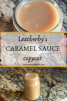 a jar filled with caramel sauce sitting on top of a counter next to a spoon