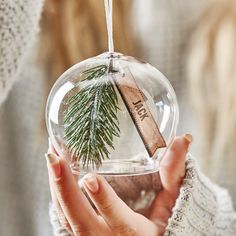 a person holding a glass ornament with a pine tree in it