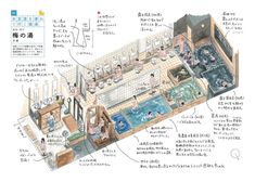 an illustrated diagram of a bathroom with various features in english and japanese characters on the walls