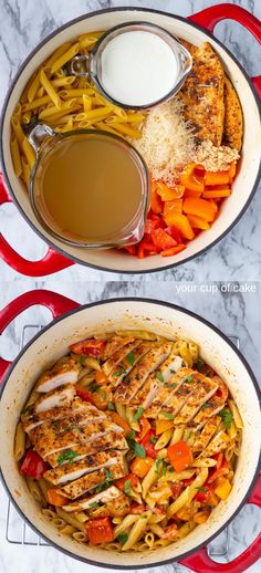 two pans filled with chicken, pasta and vegetables