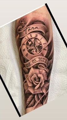 an arm with a clock and roses on it