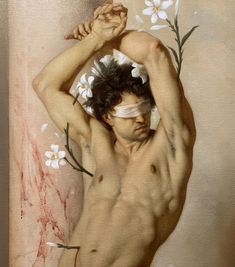 a painting of a shirtless man with white flowers on his chest and headband