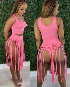 Pink Elastane Bottoms For Night Out, Elastane Bottoms For Club And Summer, Stretch Pink Bottoms For Club, Pink Stretch Bottoms For Club, Pink Mini Length Club Bottoms, Pink Mini Length Bottoms For Club, Teal Fashion, Tassel Skirt, Skirt Two Piece