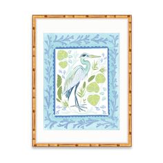 a bird with leaves and water lilies on it's back, framed in bamboo