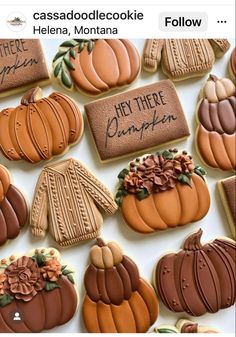 decorated cookies are arranged on a table with the words hey there pumpkin written on them