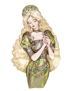 a watercolor painting of a woman with long blonde hair wearing a green dress and holding an umbrella