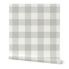 a white and green plaid wallpaper with vertical blinders on the bottom half of it