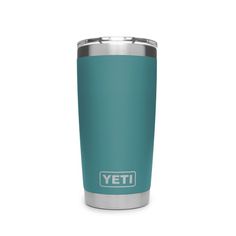 the yeti tumbler is shown in teal and has a stainless steel lid