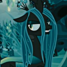 an animated image of a black pony with blue hair and flowers on her head, looking at something in the distance