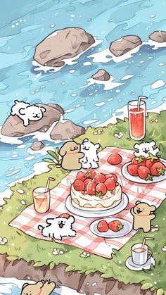 an illustration of a picnic with strawberries and bears on the grass by the water