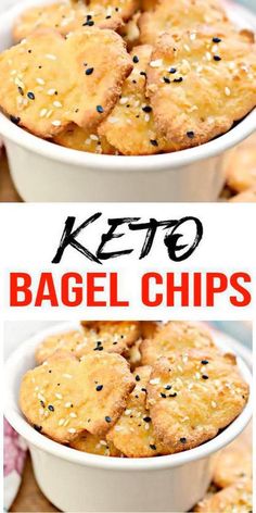 keto bagel chips in a white bowl with sesame seeds on top and the title above it