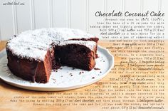 a chocolate coconut cake on a white plate