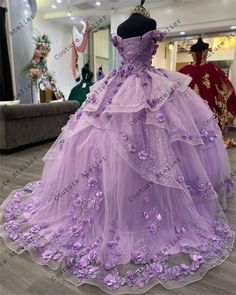 Pretty Lavender 3D Flowers Ruffels Quinceanera Dress Ball Gown Wedding Birthday Party Dresses Purple Quinceanera Dresses Butterfly, Tangled Quinceanera Dress, Quinceanera Aesthetic, Lilac Quinceanera Dresses, Lavender Quinceanera Dresses, Lavender Quinceanera, Charro Quince, Quince Stuff, Quince Dresses Purple