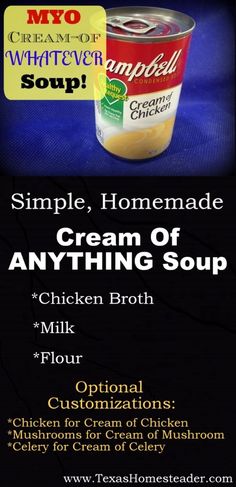 Easy Homemade Cream of Chicken Soup Recipe. ~ Texas Homesteader ~ Healthy Cream Of Chicken Soup, Cream Of Soup Mix Recipe, Homemade Cream Of Chicken Soup, Homemade Cream Of Chicken, Soup Quick, Cream Of Celery, Chicken Soup Recipe