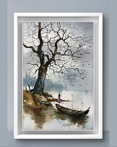 a watercolor painting of two boats on the shore with a tree in the background