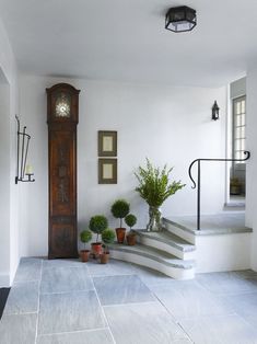 there is a clock on the wall next to some potted plants in front of it