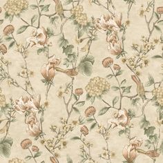 a floral wallpaper with birds and flowers on the back ground, in beige tones