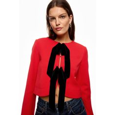 Red with black trim (Self: 68% Polyester, 29% Viscose, 3% Elastane; Lining: 100% Bemberg, exclusive of trim). Cropped jacket. Long sleeves. Tie closure. 19.5" from shoulder to hemline. Imported. Tanya Taylor, Rent The Runway, Jacket Long, Cropped Jacket, Black Trim, Crop Jacket, Black And Red, Trim, Long Sleeve