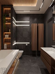 a bathroom with two sinks and a bathtub