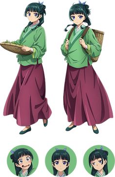 an anime character with green hair and blue eyes holding a basket in one hand while another holds