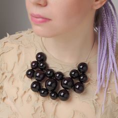 "This Black chunky necklace is made of glass in the lampwork technique, each bead is hand blown and unique. This Black bib beaded necklace is lightweight, stylish and elegant and will become a versatile and irreplaceable addition to your everyday outfits! 💕 You will definitely look stunning in this glass bubble necklace! Dimensions: the necklace length is adjustable, 16 1/2\"-19\" inch (42-48cm). Materials: artist lampwork glass beads, metal fittings. 🎁 This big bead necklace will also be a gr Black Glass Jewelry With Large Beads, Black Glass Beaded Necklaces With Round Beads, Black Glass Beaded Necklace With Round Beads, Black Glass Polished Beads Jewelry, Black Glass Jewelry With Polished Beads, Black Glass Bead Necklace, Unique Black Necklaces With Polished Beads, Unique Black Beaded Necklace For Party, Black Round Bead Bib Necklaces For Party