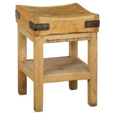 a wooden stool with two drawers on the bottom and one drawer at the top that is open