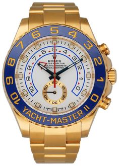 Rolex Yacht-Master II 116688 18K Yellow Gold Men's Watch Box & Papers TOP BRANDS Rolex Audemars Piguet Omega Patek Philippe Cartier Breitling All Rolex Yacht-Master II 116688 men's watch. 44MM 18K yellow gold case with 18K yellow gold fluted bezel. White dial with gold luminous hands and gold luminous index hour marker. Subdial displays small second. Minute marker on the outer dial. 18K yellow gold bracelet with 18K yellow gold fold over clasp with safety. Will fit up to 7.25-Inch wrist. Engraved rehaut and features with regatta countdown. Sapphire crystal and 18K yellow gold case back. Automatic self winding movement. This watch comes with original Box & Papers.  This watch is backed by our two year warranty.   Phigora Guarantee Two Years Warranty Free Shipping & Returns Specifications SK Rolex Yachtmaster Ii, Yacht Master Ii, Mens Watch Box, Yacht Master, Rolex Yacht Master, Mens Fashion Watches, Gold Watch Men, White Band, Yellow Gold Bracelet