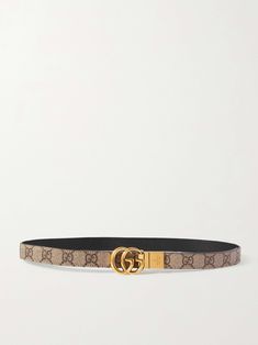 GUCCI Reversible printed coated-canvas and leather belt Classic Gucci Belt For Business, Gucci Elegant Business Belt, Elegant Gucci Belt For Business, Luxury Gucci Leather Belt, Gucci Black Luxury Belt, Classic Black Gucci Belt, Luxury Black Gucci Belt, Elegant Black Gucci Belt, Gucci Luxury Belt For Formal Occasions