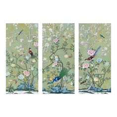 three panels with birds and flowers on them