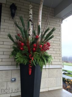 a tall planter with red berries and greenery on the outside of a house