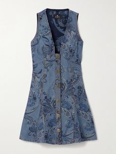 Etro's collections are a masterclass in artful use of print and texture. Combining both, this mini dress is made from tonal-blue denim that's intricately jacquard-woven with the brand's signature paisley motifs and has a softly pleated hem. Wear yours with everything from knee boots to sandals. Denim Fitted Dress, Dusty Blue Clothes, Blue 70s Dress, Vintage Designer Outfits, Vintage Designer Clothes, Black And Blue Clothes, Jacquard Clothes, Clothes With Embroidery, Denim Patchwork Dress