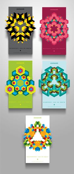 four different types of cards with geometric designs on them, all in different colors and sizes