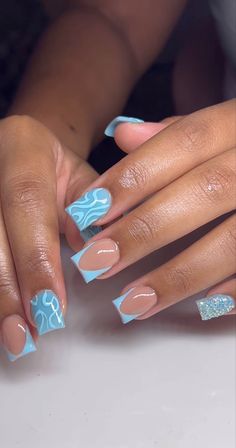 Short Arclyc Nail Ideas Square, Gel Nail Designs Colorful, Short Nail Blue Designs, Spring Short Square Nails, Short White And Blue Acrylic Nails, White Talavera Nails, Birthday Nails Coffin Short Blue, Blue Short Nails Design, Light Blue And White Nails Acrylic Short