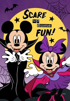 mickey and minnie mouse in front of a full moon with the words scare up some fun