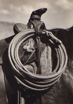 an old black and white photo of a cowboy holding a lasso on his horse