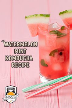 watermelon mint kombucha recipe in a glass with two straws