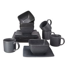 a set of gray dishes and cups