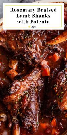 rosemary braised lamb shanks with polenta in a white bowl on a table